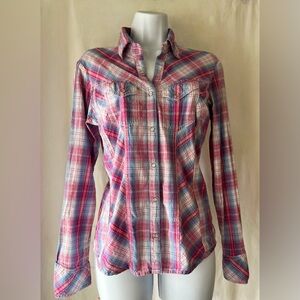 Panhandle Slim Pink Blue Plaid Western Pearl Snap Shirt Metallic Size M Cowgirl